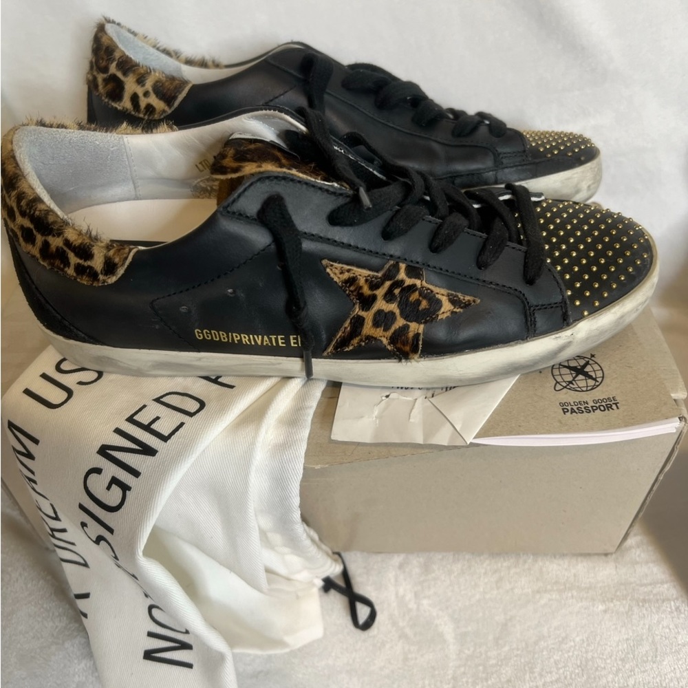 Golden Goose size 38 Super Stars Studded Leopard Black EUC